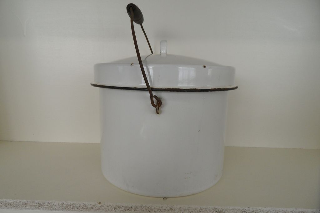 Vintage - Enameled Pail - Wood Handle Vintage - Enameled Pail - Wood Handle