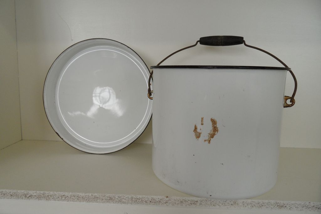 Vintage - Enameled Pail - Wood Handle Vintage - Enameled Pail - Wood Handle