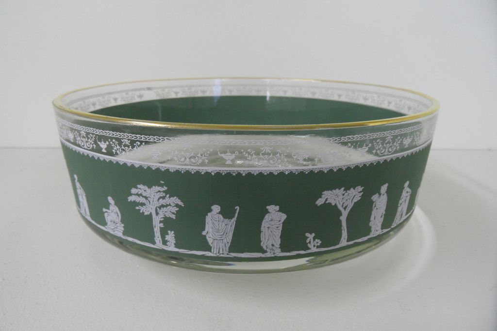 Vintage - Glass Bowl - Olive Green Transfer - Greek Motif Vintage - Glass Bowl - Olive Green Transfer - Greek Motif