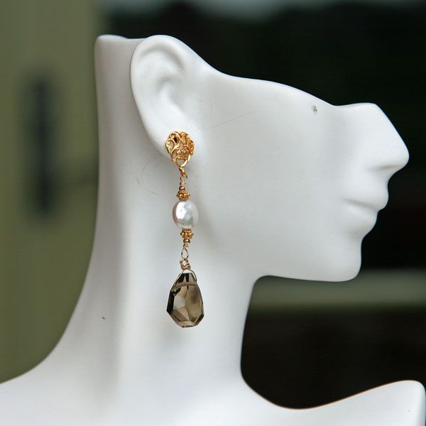Smoky Quartz, Coin Pearl and Gold Vermeil Earrings Smoky Quartz, Coin Pearl and Gold Vermeil Earrings