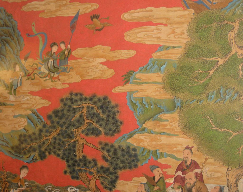Chinese Painted Scroll with Immortals and "Mother of the West" Chinese Painted Scroll with Immortals and "Mother of the West"