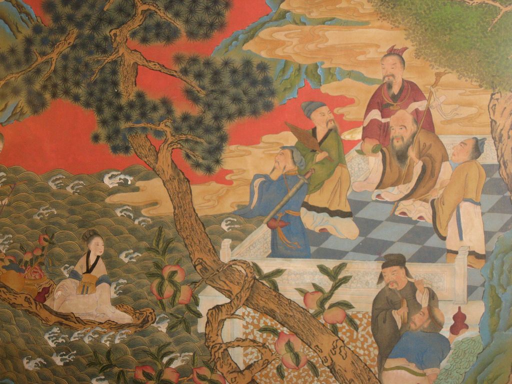 Chinese Painted Scroll with Immortals and "Mother of the West" Chinese Painted Scroll with Immortals and "Mother of the West"