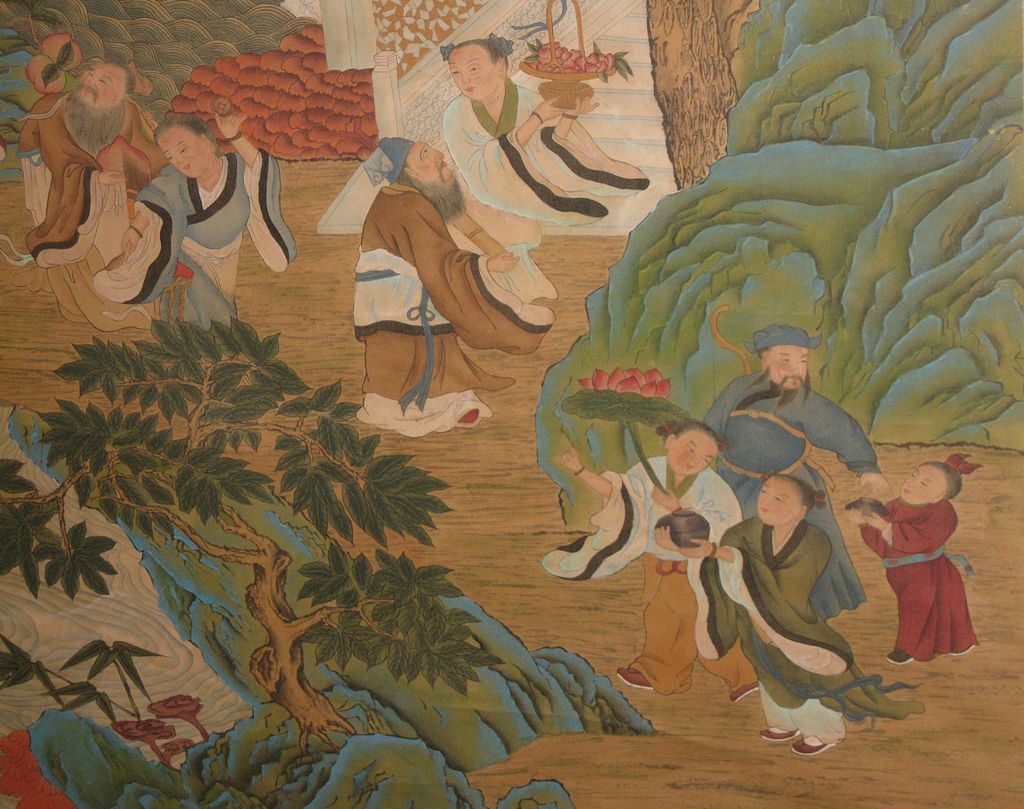 Chinese Painted Scroll with Immortals and "Mother of the West" Chinese Painted Scroll with Immortals and "Mother of the West"