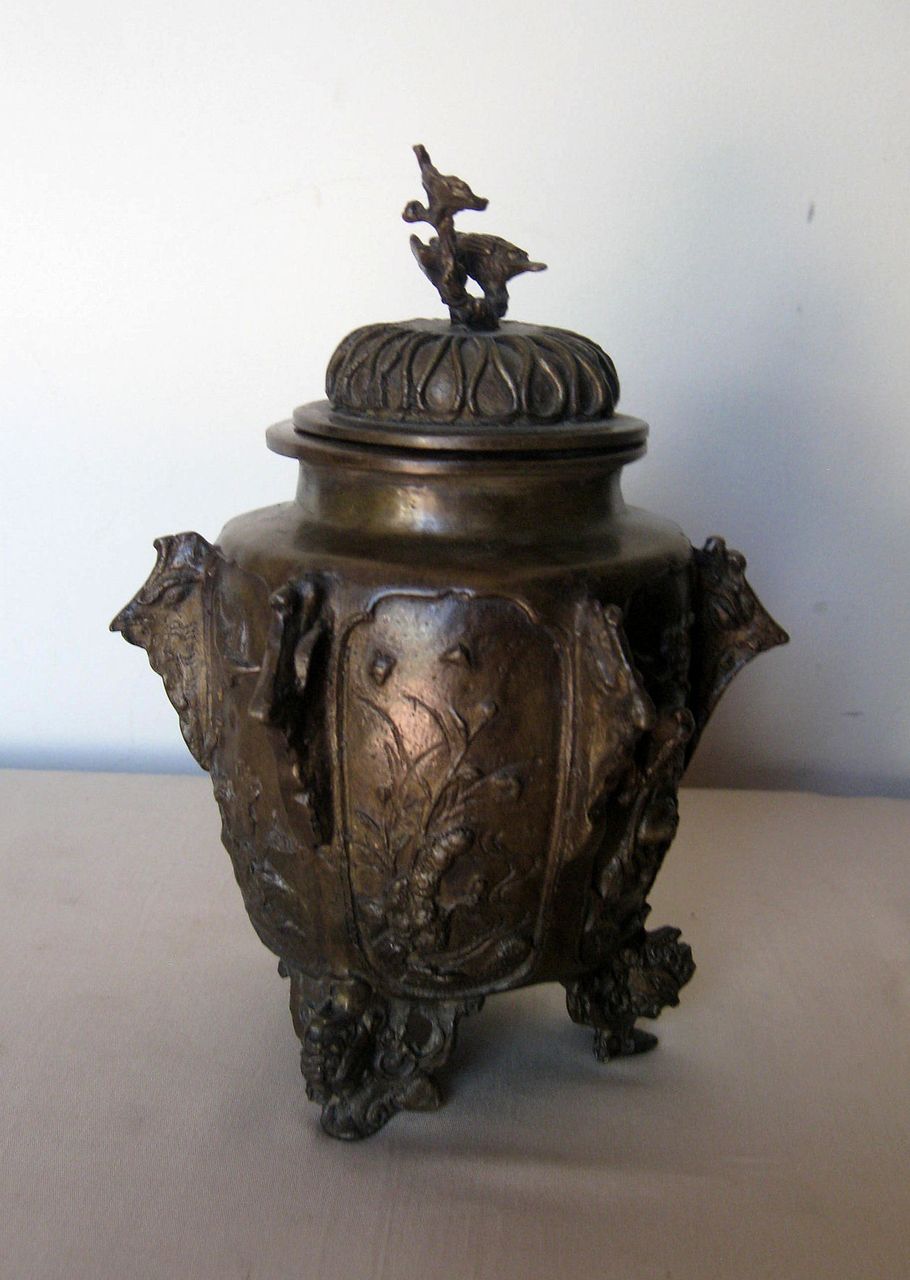 Japanese Bronze Covered Tripod Jar Japanese Bronze Covered Tripod Jar