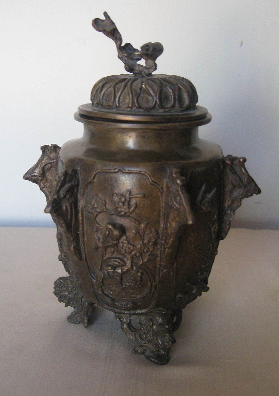 Japanese Bronze Covered Tripod Jar Japanese Bronze Covered Tripod Jar