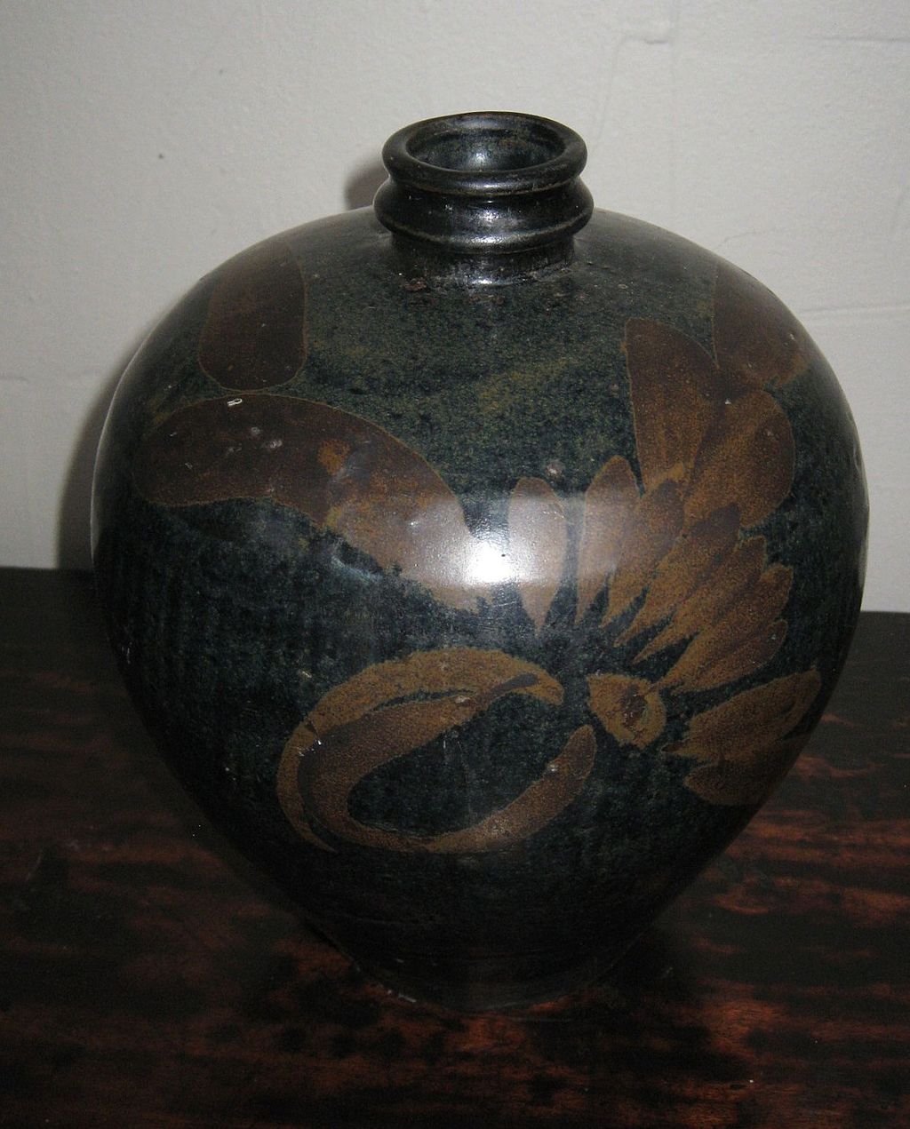 Chinese Henan Pottery Black-Glazed Vase with Rust Floral Motif Chinese Henan Pottery Black-Glazed Vase with Rust Floral Motif