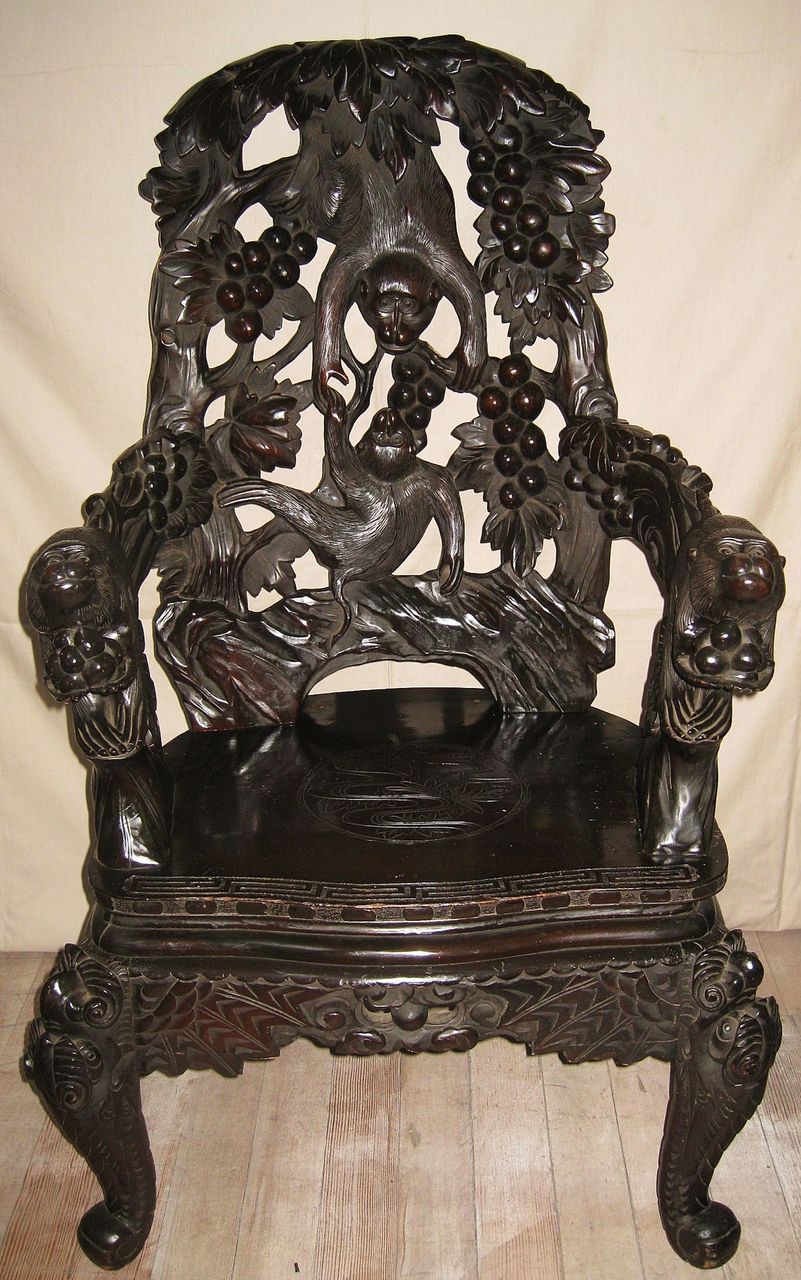 Whimsical Japanese Art Nouveau Carved Wood Monkey Chair Whimsical Japanese Art Nouveau Carved Wood Monkey Chair