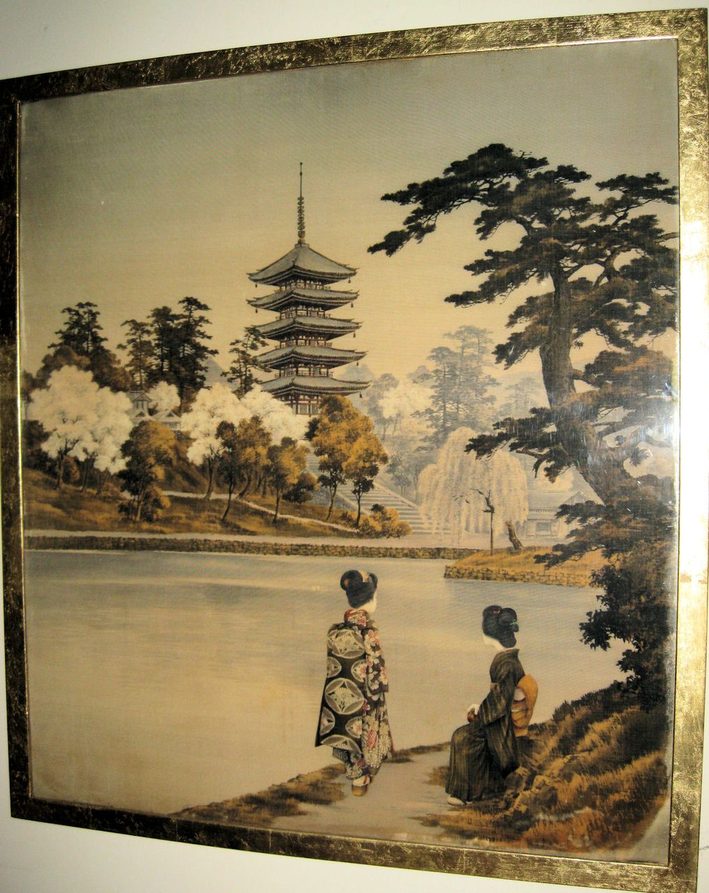 Old Japanese Textile of Lake Landscape Scene Old Japanese Textile of Lake Landscape Scene