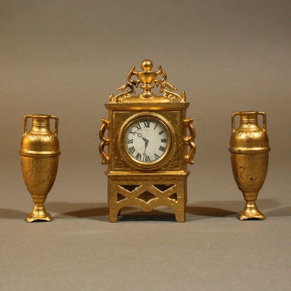 Antique Dollhouse Gilt Painted Mantel Clock with its two Matching Vases Antique Dollhouse Gilt Painted Mantel Clock with its two Matching Vases