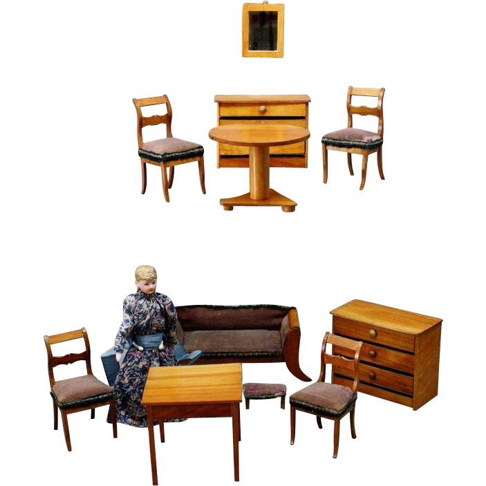 Elegant German Dollhouse Fruitwood Parlor Set with Velvet Upholstery - Mid 19th century. Elegant German Dollhouse Fruitwood Parlor Set with Velvet Upholstery - Mid 19th century.