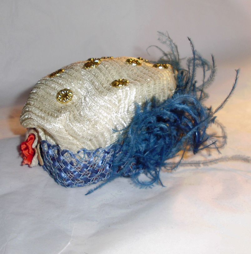 Antique Red White Blue Doll Hat with Feathers Antique Red White Blue Doll Hat with Feathers
