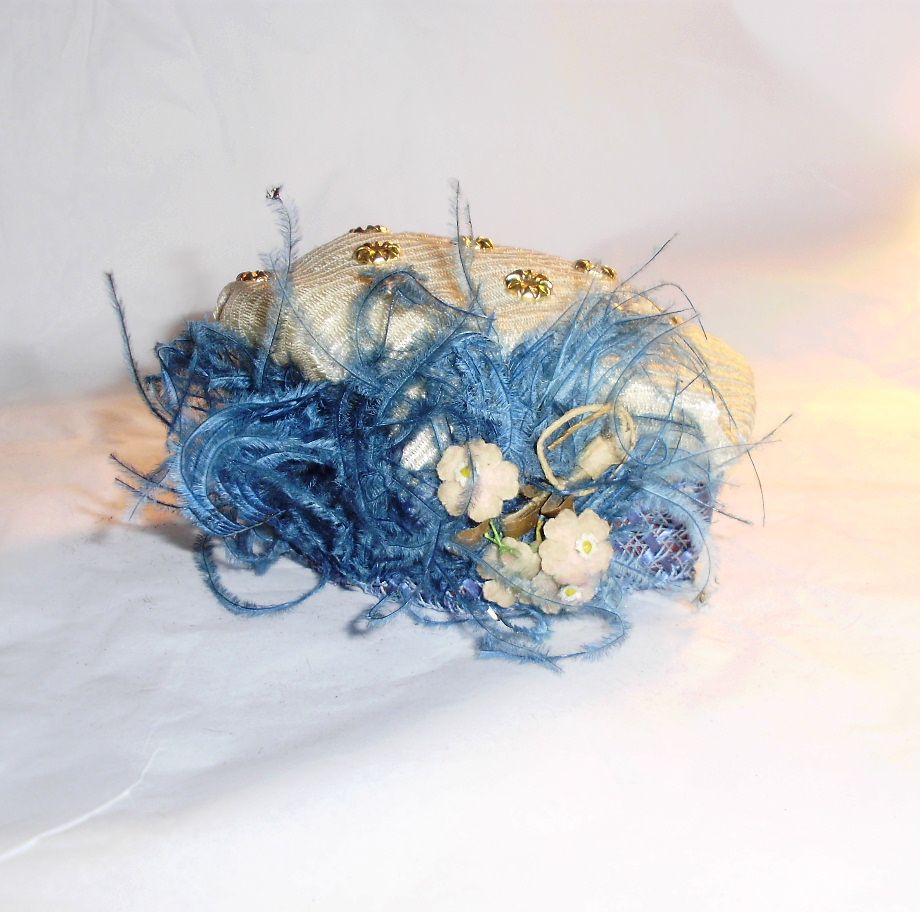 Antique Red White Blue Doll Hat with Feathers Antique Red White Blue Doll Hat with Feathers