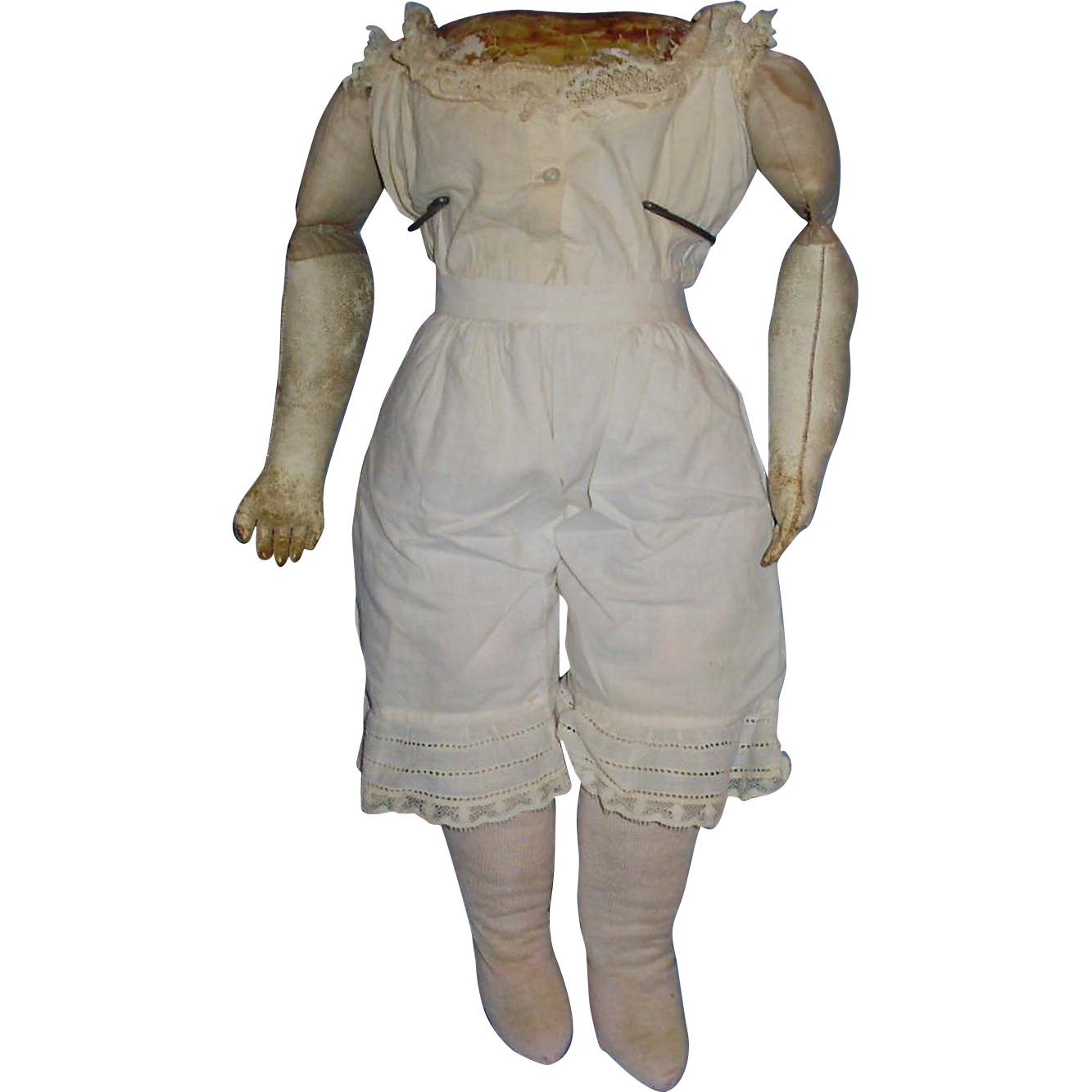 Antique Cloth Doll Body with Leather Arms and Original Underwear from
