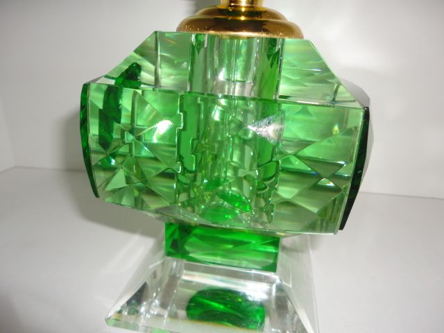 7-1/4 Pound green cut to clear crystal perfume bottle 9-1/4 inches tall 7-1/4 Pound green cut to clear crystal perfume bottle 9-1/4 inches tall
