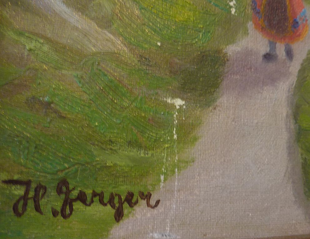 Painting oil on canvas of eastern European village scene signed Painting oil on canvas of eastern European village scene signed