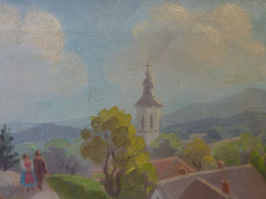 Painting oil on canvas of eastern European village scene signed Painting oil on canvas of eastern European village scene signed