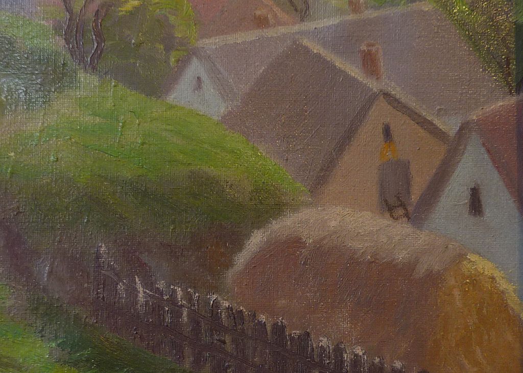 Painting oil on canvas of eastern European village scene signed Painting oil on canvas of eastern European village scene signed