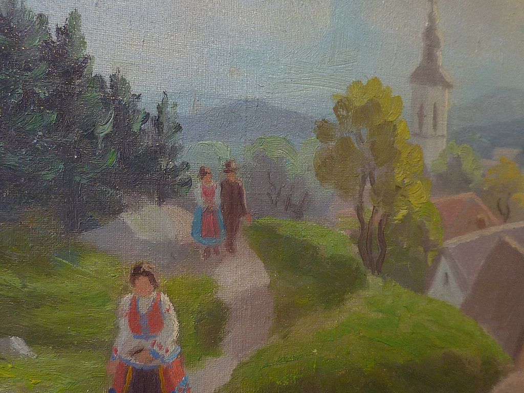 Painting oil on canvas of eastern European village scene signed Painting oil on canvas of eastern European village scene signed