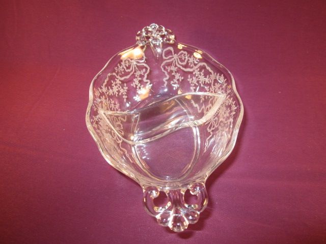 Divided Mayonnaise Dish by Fostoria in the "Corsage" pattern Divided Mayonnaise Dish by Fostoria in the "Corsage" pattern