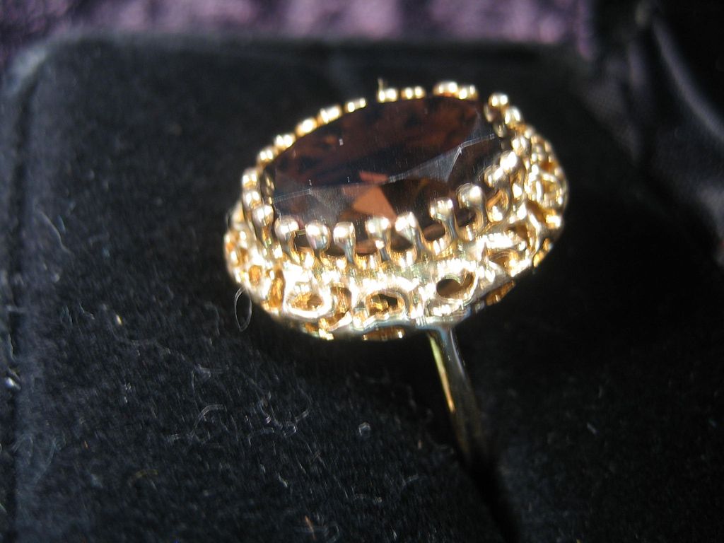 Oval Smokey Quartz Ring set in 14 K Gold marked ROMANY Oval Smokey Quartz Ring set in 14 K Gold marked ROMANY