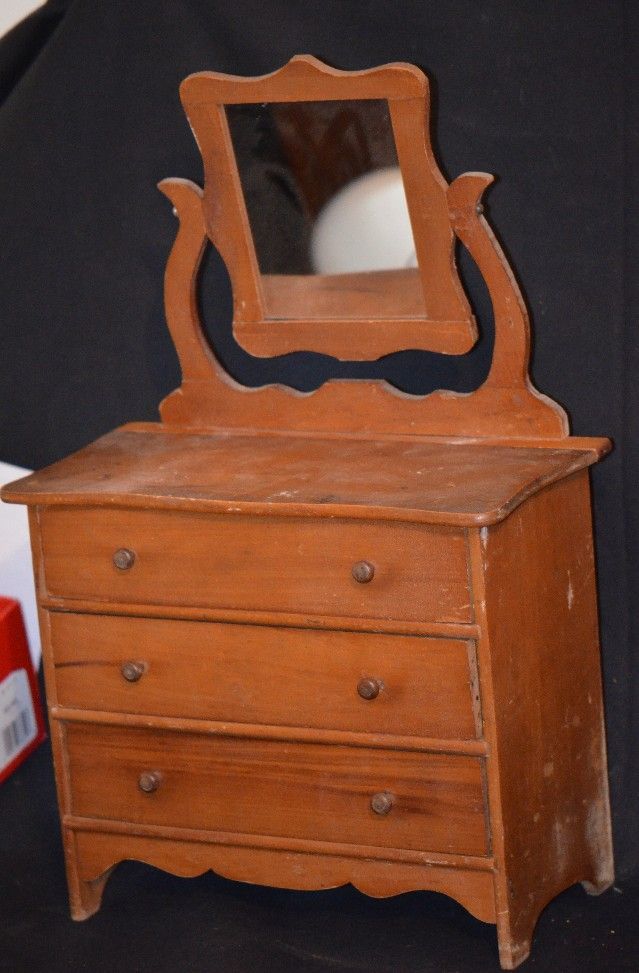 Antique Wood Doll Chest W/ Mirror Original Tag Perfect for Bisque Doll