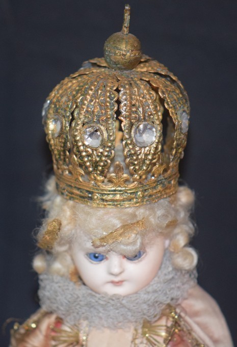 Antique Doll Early Papier Mache Wood Religious Icon Figure W Crown 