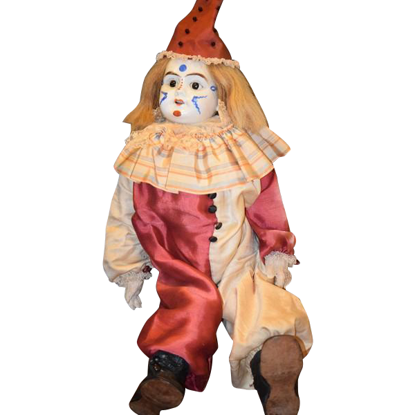 Antique Doll Bisque Clown Jester Doll Dressed Wonderful from