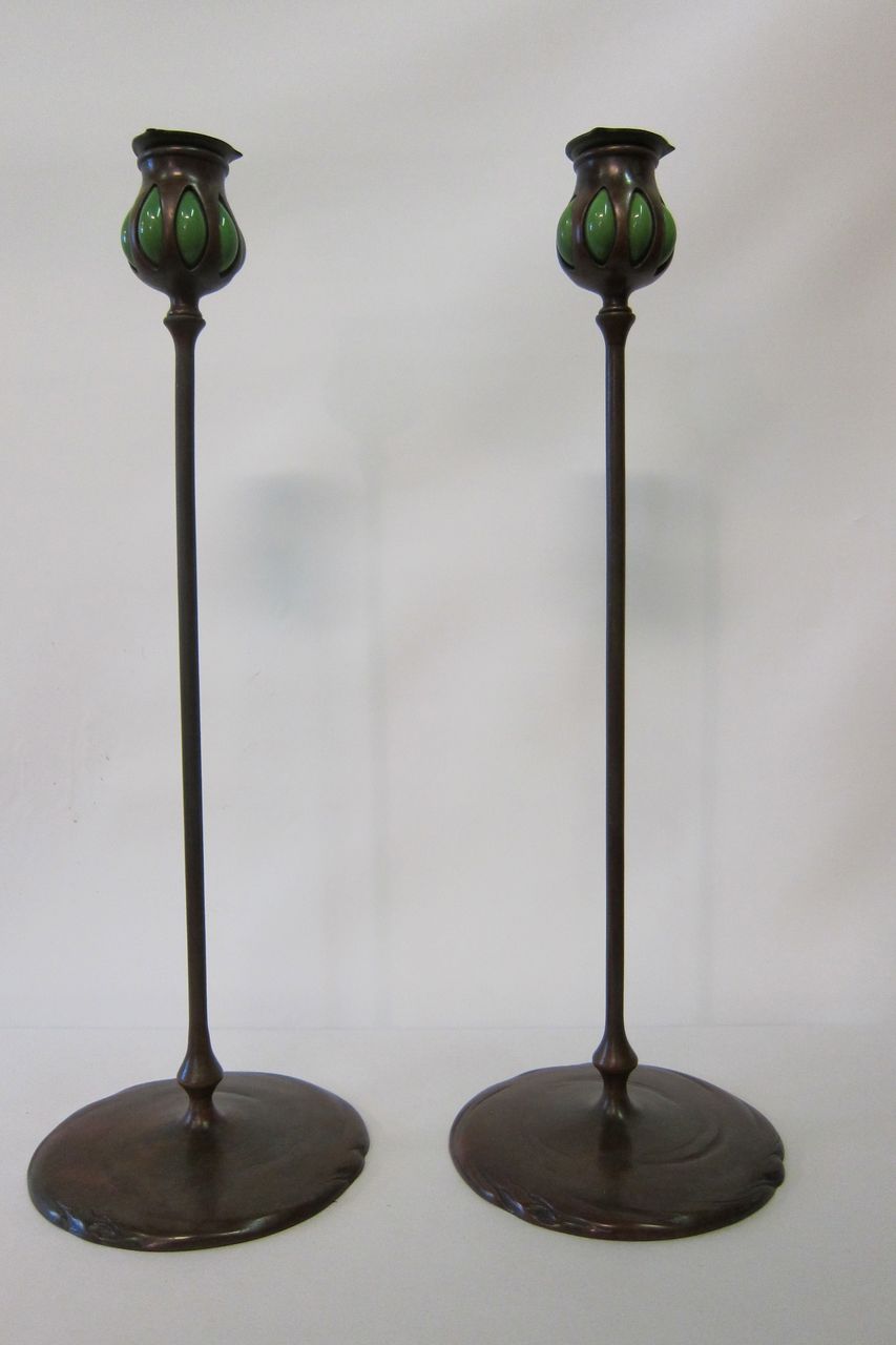 Tiffany Studios bronze candlesticks from zinziantiques on Ruby Lane