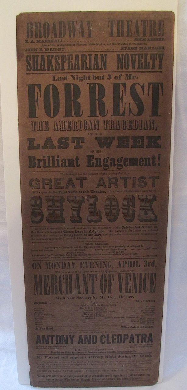 Broadway Theatre Broadside Playbill, circa 1853 Broadway Theatre Broadside Playbill, circa 1853
