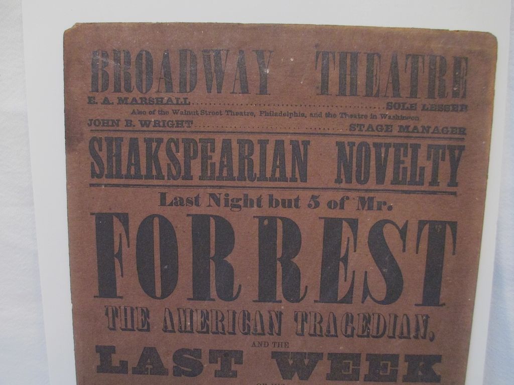 Broadway Theatre Broadside Playbill, circa 1853 Broadway Theatre Broadside Playbill, circa 1853