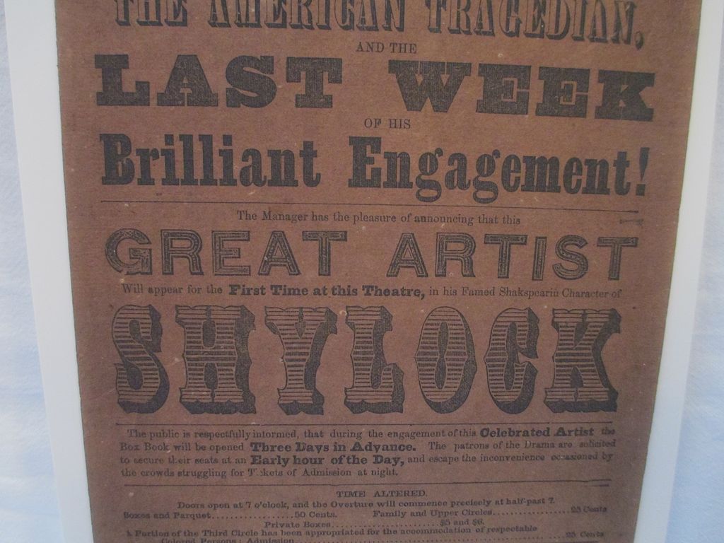 Broadway Theatre Broadside Playbill, circa 1853 Broadway Theatre Broadside Playbill, circa 1853