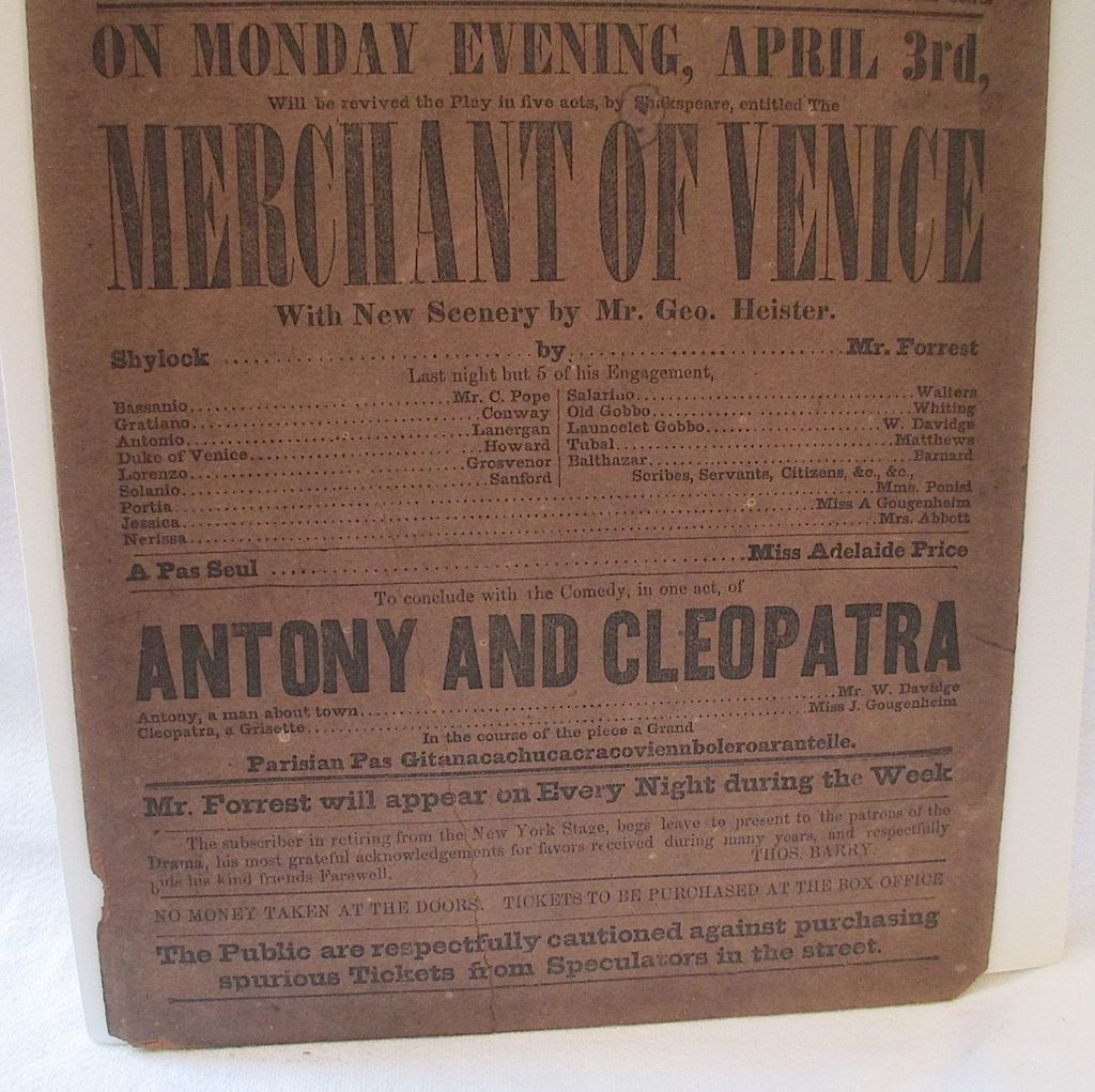 Broadway Theatre Broadside Playbill, circa 1853 Broadway Theatre Broadside Playbill, circa 1853