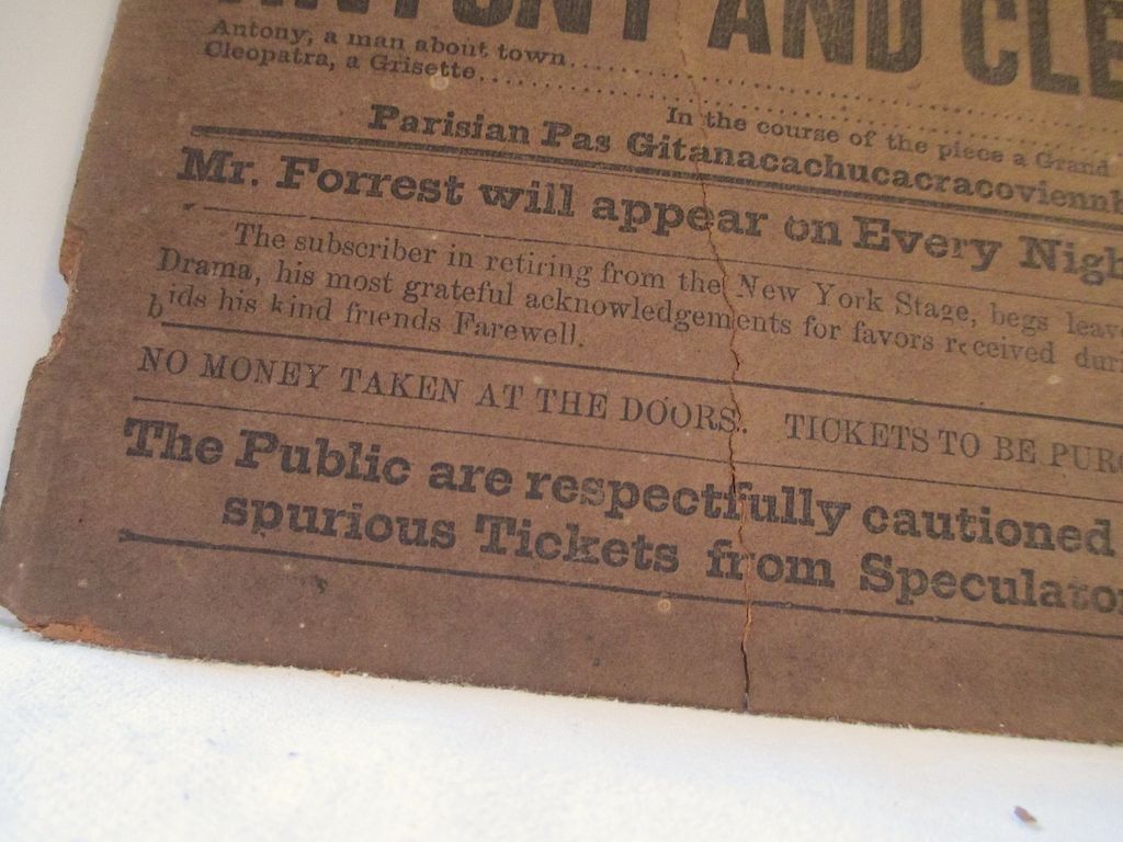 Broadway Theatre Broadside Playbill, circa 1853 Broadway Theatre Broadside Playbill, circa 1853