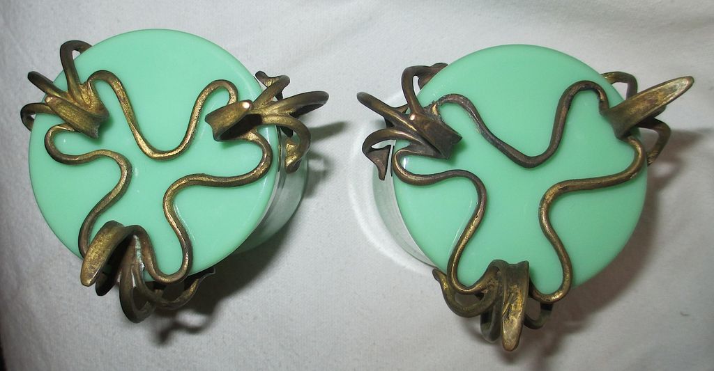 Pair of Green Opaline Glass Tumblers with Pedestals Pair of Green Opaline Glass Tumblers with Pedestals