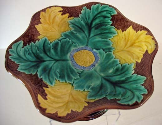 Vintage Majolica Compote, Colorful Leaf Design Vintage Majolica Compote, Colorful Leaf Design