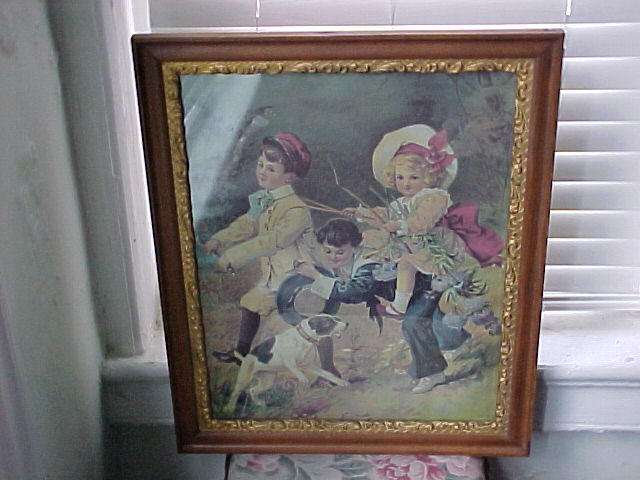 German Children & Dog at Play, Framed Chromolithograph 1890 German Children & Dog at Play, Framed Chromolithograph 1890