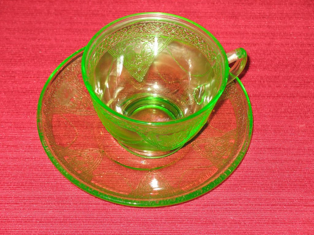 Fostoria Cup and Saucer set-green glass Fostoria Cup and Saucer set-green glass