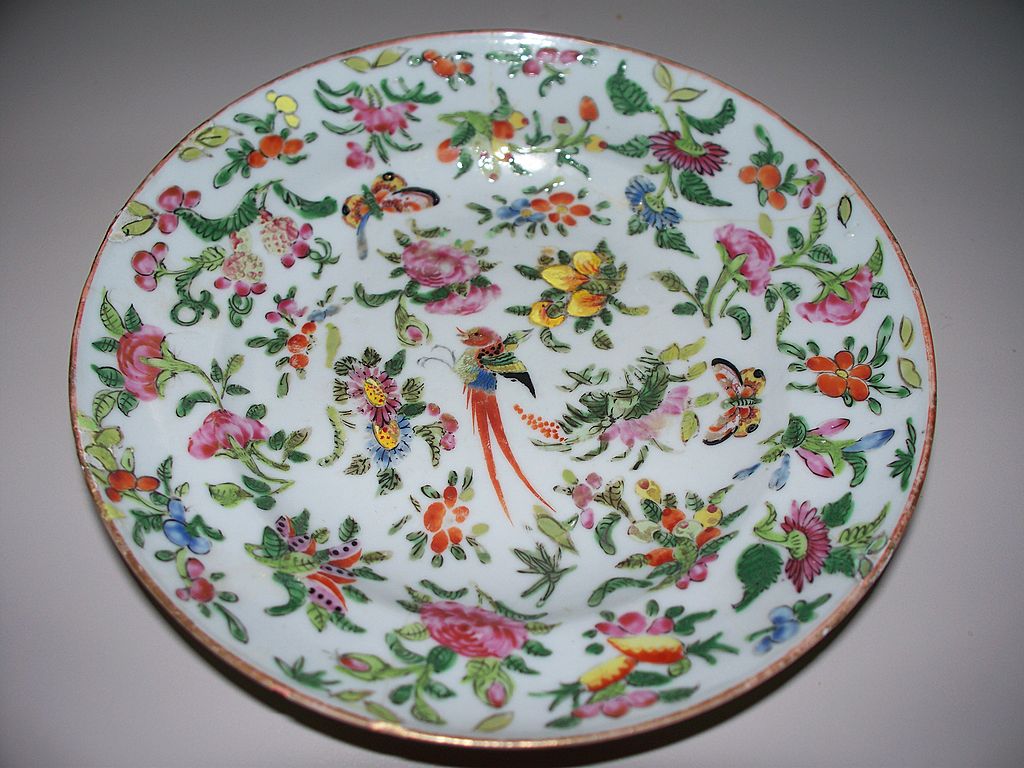 Antique Chinese Deep Plate with Phoenix, Butterflies, Melons Circa from