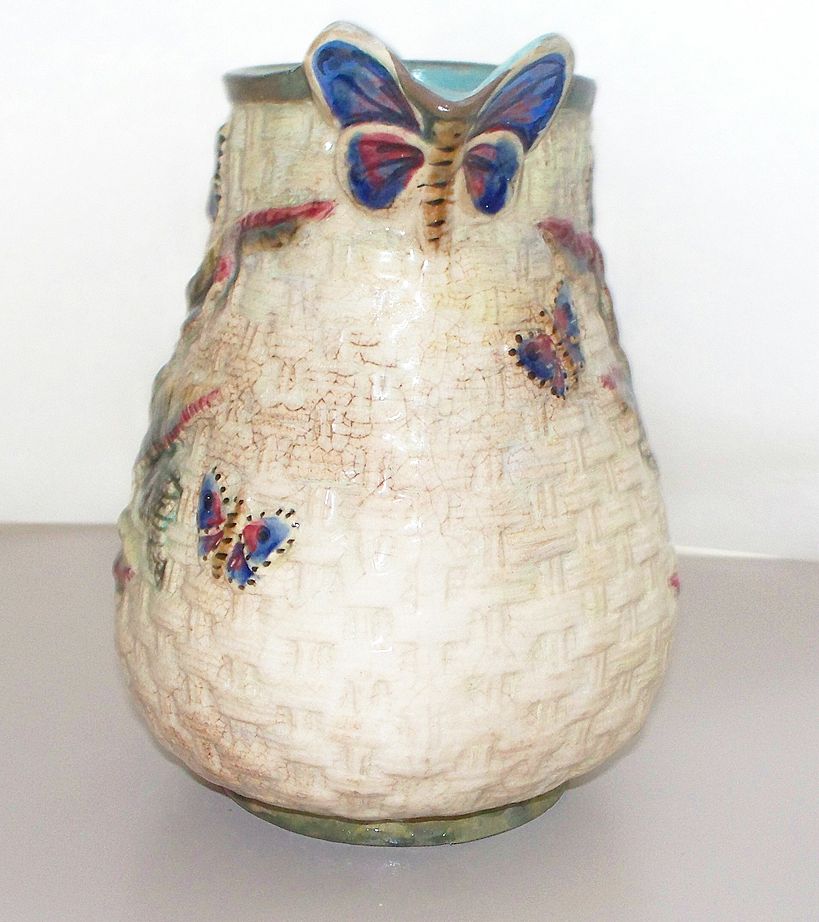 Antique American/English Majolica Pitcher 5 Butterflies & Fern Plants c. 1880 Antique American/English Majolica Pitcher 5 Butterflies & Fern Plants c. 1880