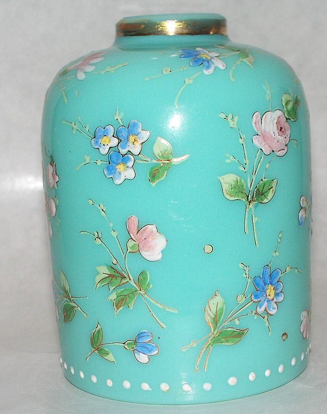 Antique French Opaline Glass Vase Jar Raised Enamel Flowers ca 1910 Antique French Opaline Glass Vase Jar Raised Enamel Flowers ca 1910