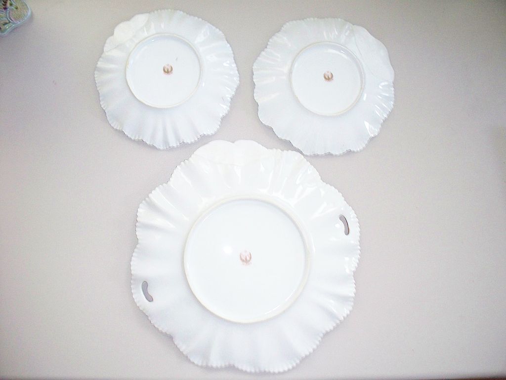 R S Prussia Pearl Luster Cake Plate & 2 Plates Red Mark circa 1890 R S Prussia Pearl Luster Cake Plate & 2 Plates Red Mark circa 1890