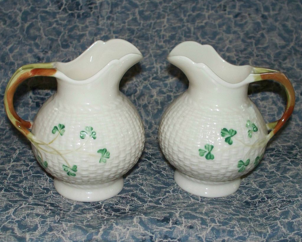 Pair of Irish Belleek Shamrock Cream Pitchers never used guaranteed from antiquecharm on Ruby Lane