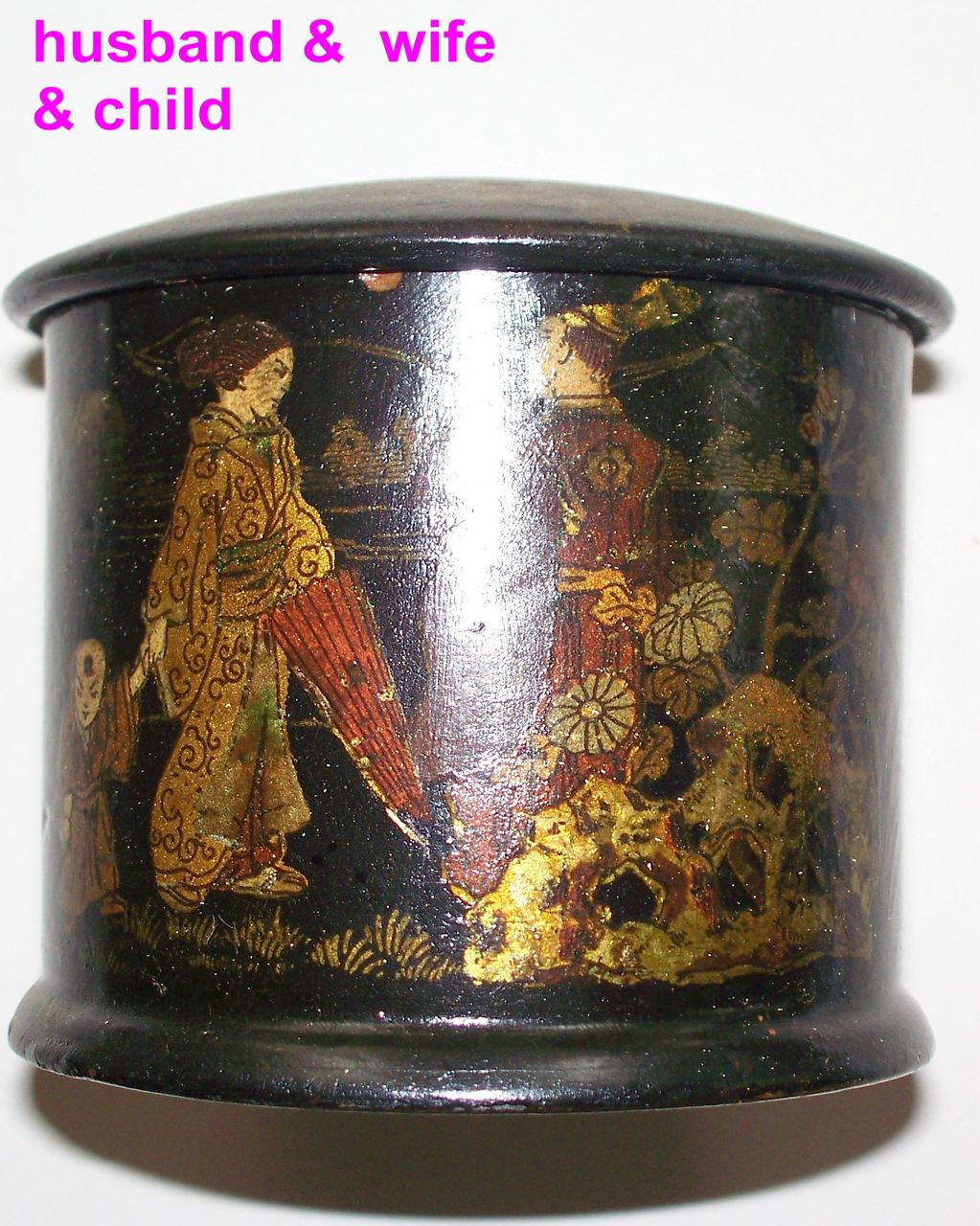 Japanese Papier Mache Box Husband, Wife & Child ca 1870 Japanese Papier Mache Box Husband, Wife & Child ca 1870