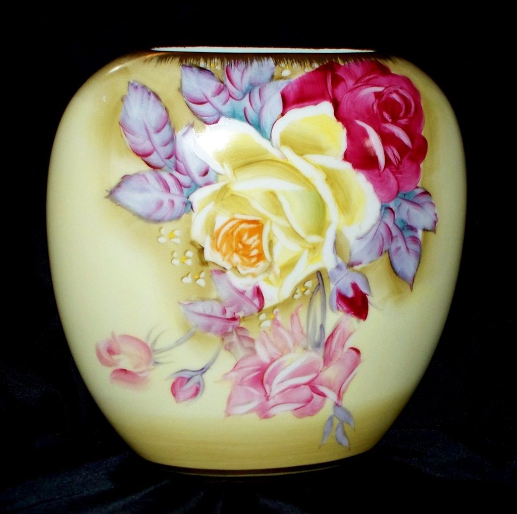 Nippon Art Deco Vase HP Roses 7" Green Maple Leaf Nippon Art Deco Vase HP Roses 7" Green Maple Leaf