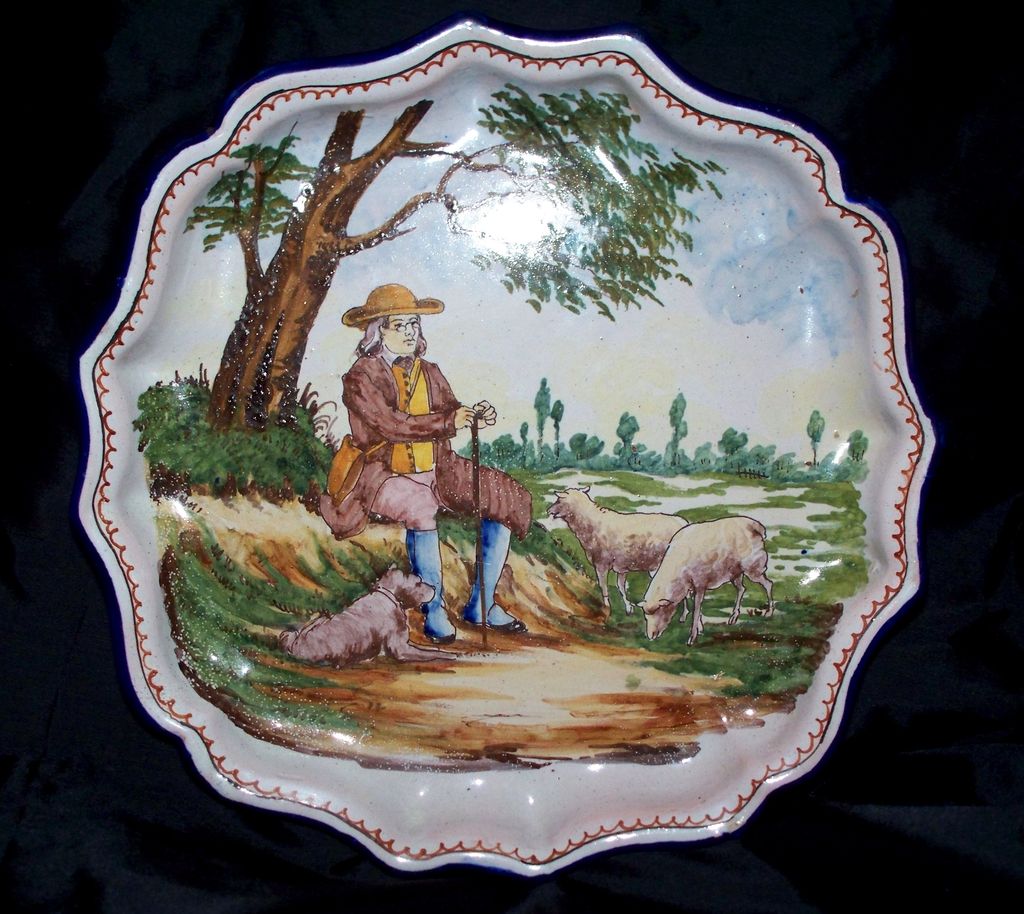 Antique French Faience "Nevers" "Quimper" Desvres Plate Shepherd with Dog.. Antique French Faience "Nevers" "Quimper" Desvres Plate Shepherd with Dog..