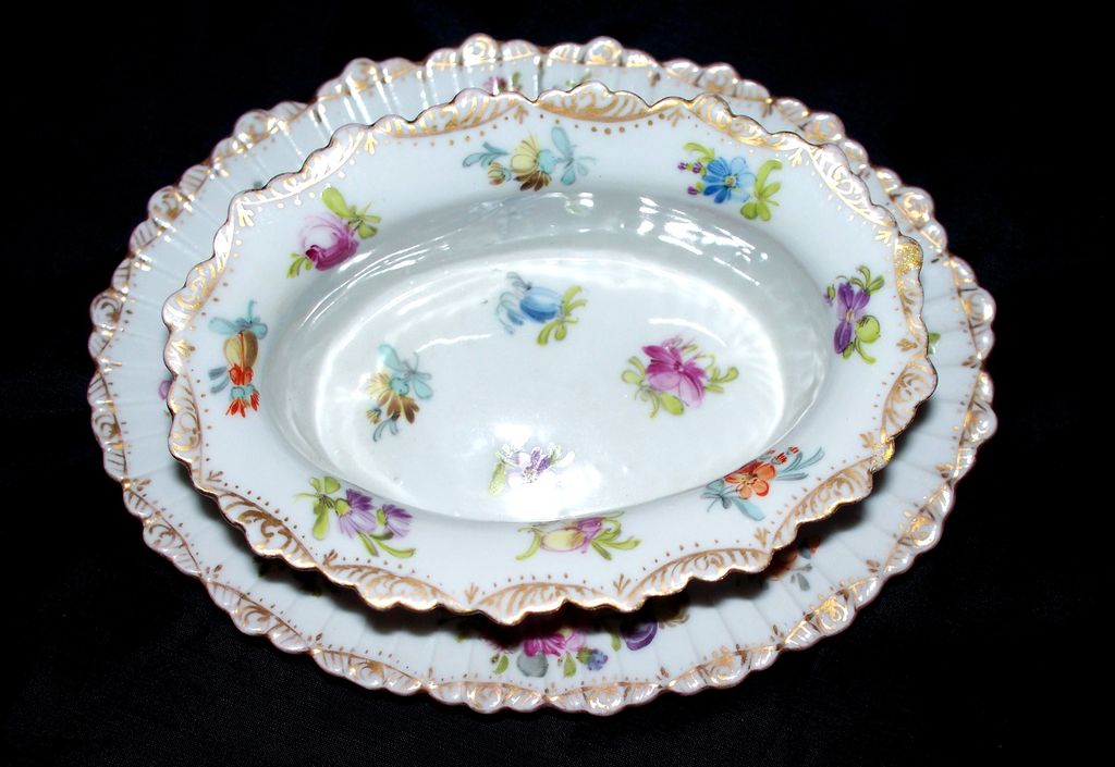 Dresden Fluted Bowl with Tray with Meissen Flowers Dresden Fluted Bowl with Tray with Meissen Flowers