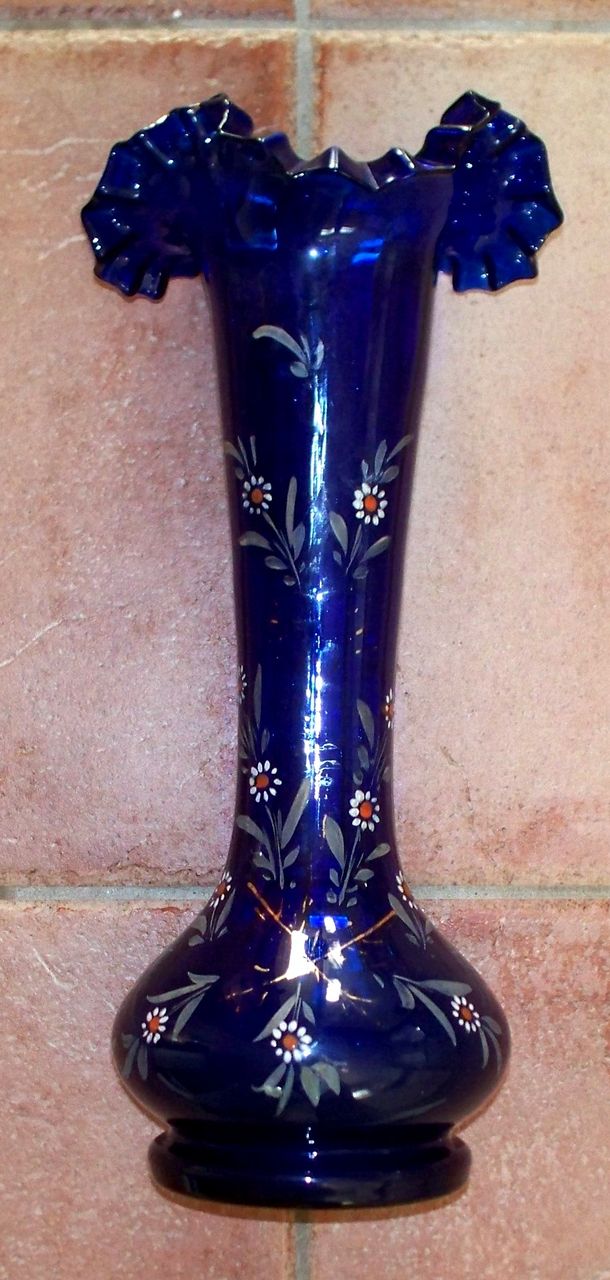 Antique Cobalt Ruffled Enamelled Glass 14" Hand-Blown Antique Cobalt Ruffled Enamelled Glass 14" Hand-Blown