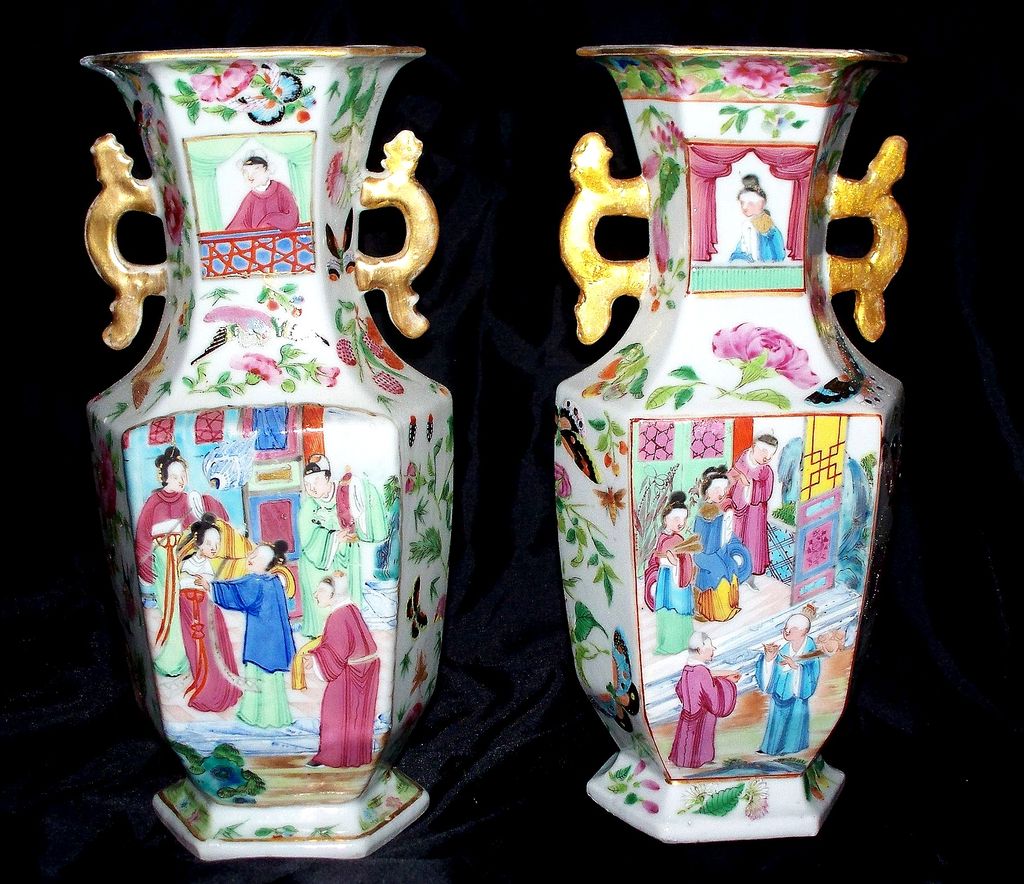 Pair of Antique Chinese Hexagon Daoguang Vases circa 1850 Pair of Antique Chinese Hexagon Daoguang Vases circa 1850