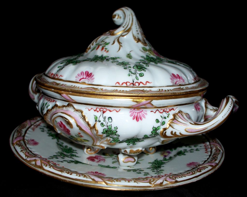 Antique French Sevres- Style Old Paris Rococo Style Louis XV Porcelain Tureen with Plate Antique French Sevres- Style Old Paris Rococo Style Louis XV Porcelain Tureen with Plate