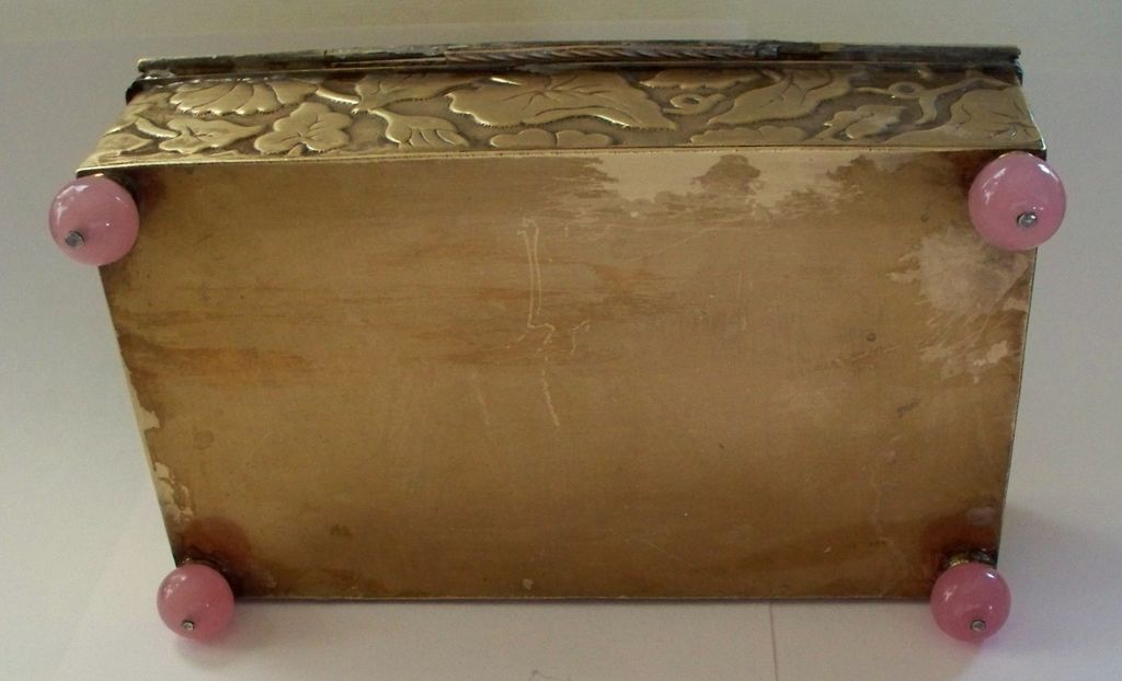 Antique Chinese Brass Jade Rose Quartz Box Phoenixes Motifs & Fleur de Lis Antique Chinese Brass Jade Rose Quartz Box Phoenixes Motifs & Fleur de Lis